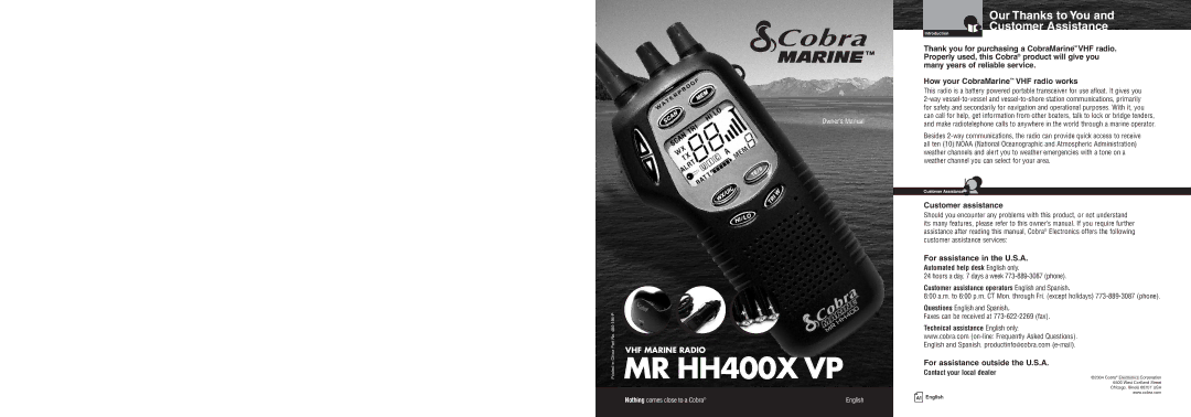 Cobra Electronics MR HH400X VP warranty Our Thanks to You Customer Assistance, For assistance outside the U.S.A 