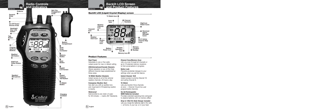 Cobra Electronics MR HH400X VP Radio Controls and Indicators, Backlit LCD Liquid Crystal Display screen, Product Features 