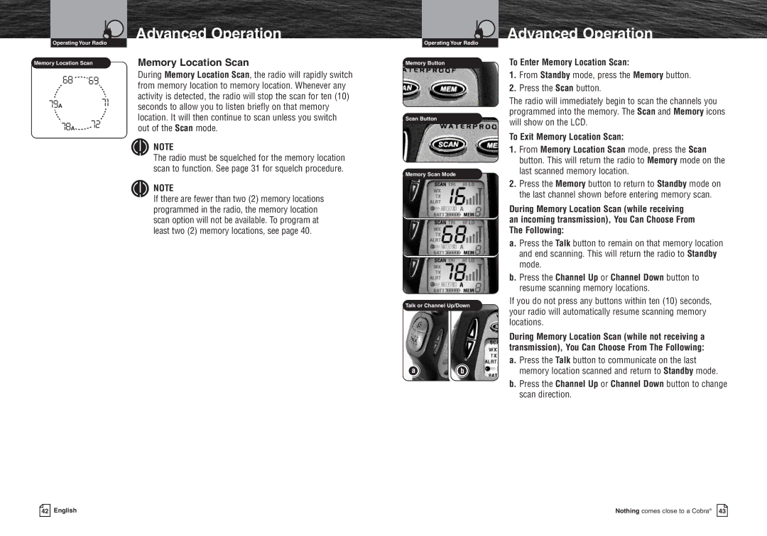 Cobra Electronics MR HH400X VP warranty To Enter Memory Location Scan, To Exit Memory Location Scan 