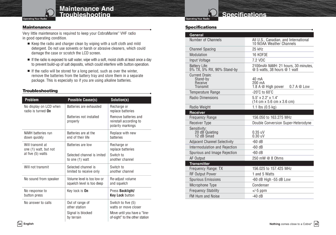 Cobra Electronics MR HH400X VP warranty Maintenance Troubleshooting, Specifications 