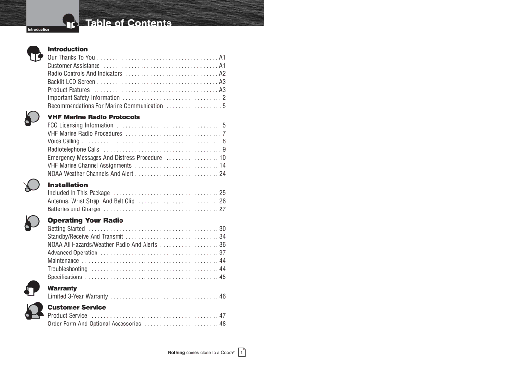 Cobra Electronics MR HH400X VP warranty Table of Contents 