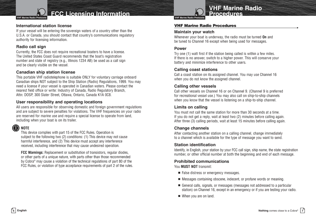 Cobra Electronics MR HH400X VP warranty FCC Licensing Information VHF Marine Radio Procedures 