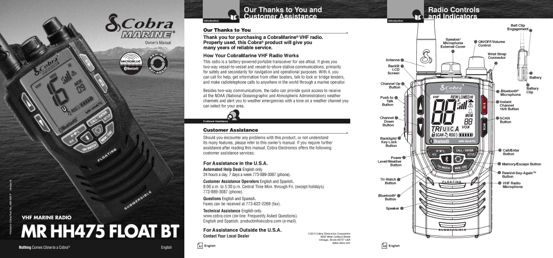 Cobra Electronics MR HH475 owner manual Our Thanks to You Customer Assistance, Radio Controls Indicators 