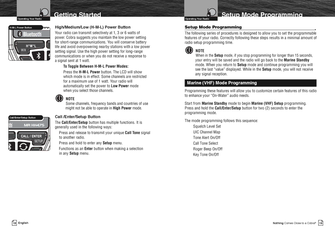 Cobra Electronics MR HH475 Setup Mode Programming, High/Medium/Low H-M-L Power Button, To Toggle Between H-M-L Power Modes 