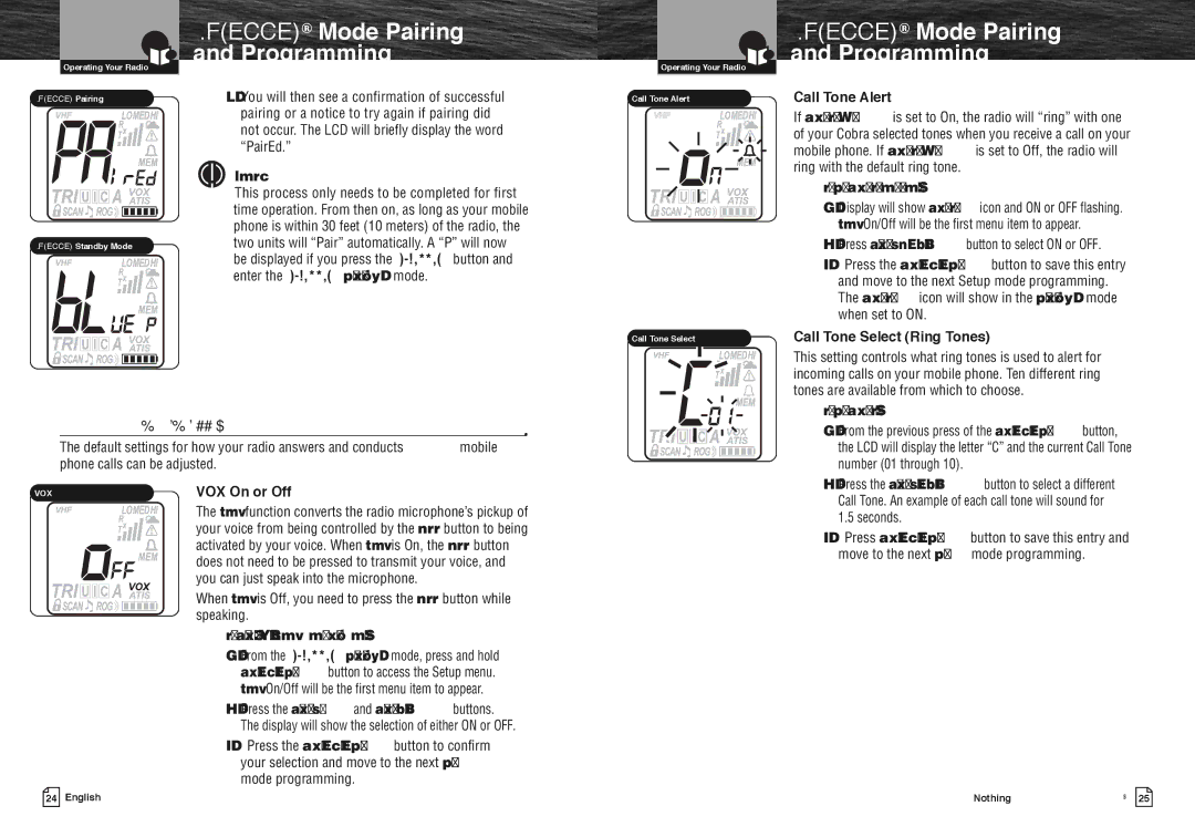 Cobra Electronics MR HH475 owner manual Bluetooth Mode Programming, Call Tone Select Ring Tones, VOX On or Off 