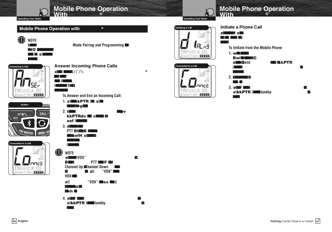 Cobra Electronics MR HH475 owner manual Mobile Phone Operation, Initiate a Phone Call, Answer Incoming Phone Calls 