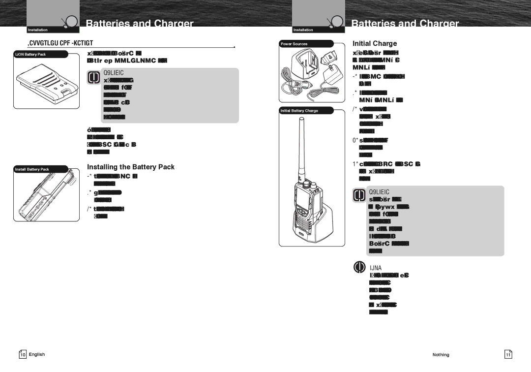 Cobra Electronics MR HH475 owner manual Batteries and Charger, Initial Charge, Installing the Battery Pack 