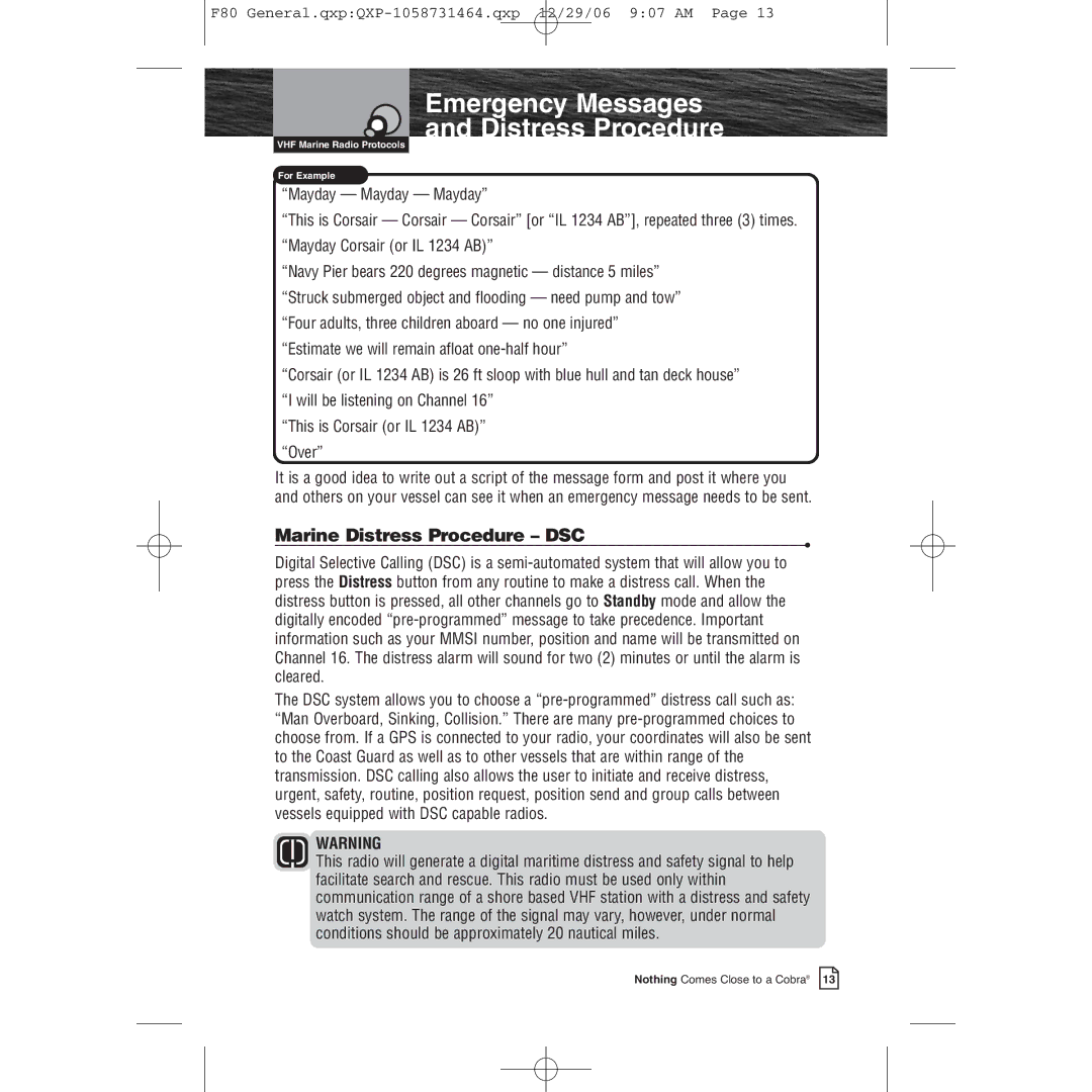 Cobra Electronics Mrf 80b owner manual Marine Distress Procedure DSC 