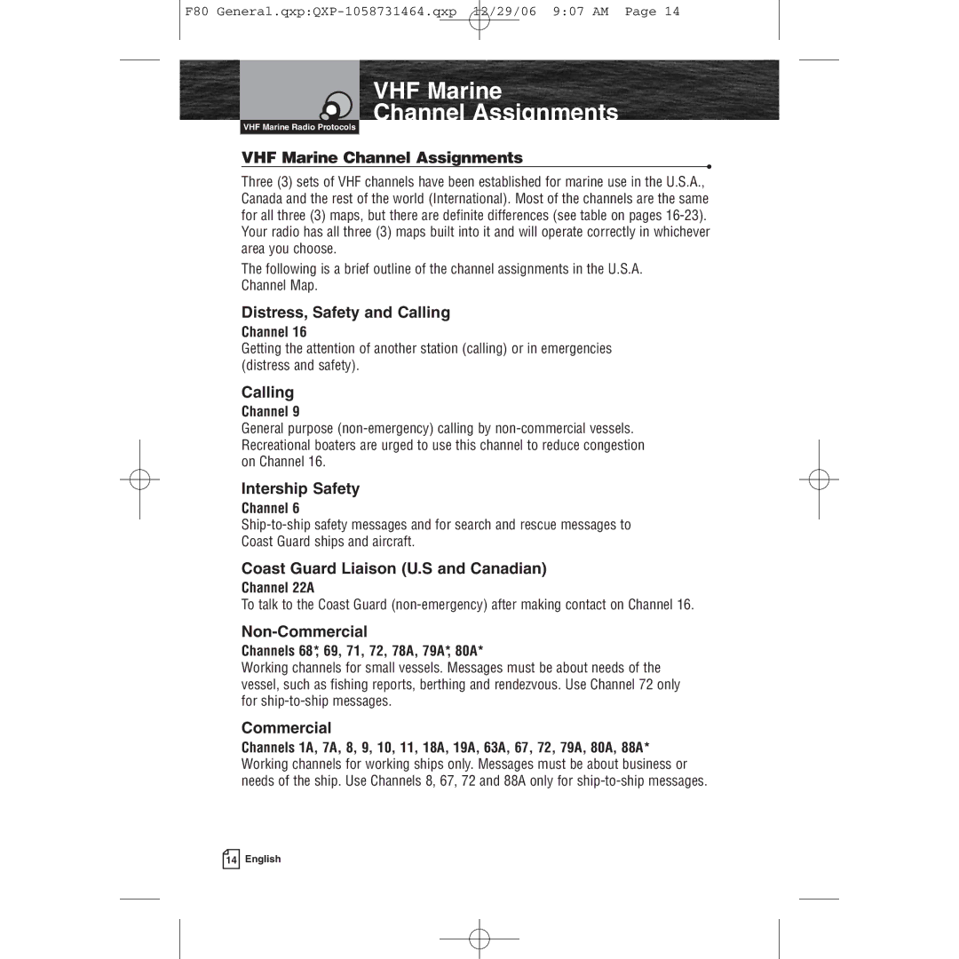 Cobra Electronics Mrf 80b owner manual VHF Marine Channel Assignments 