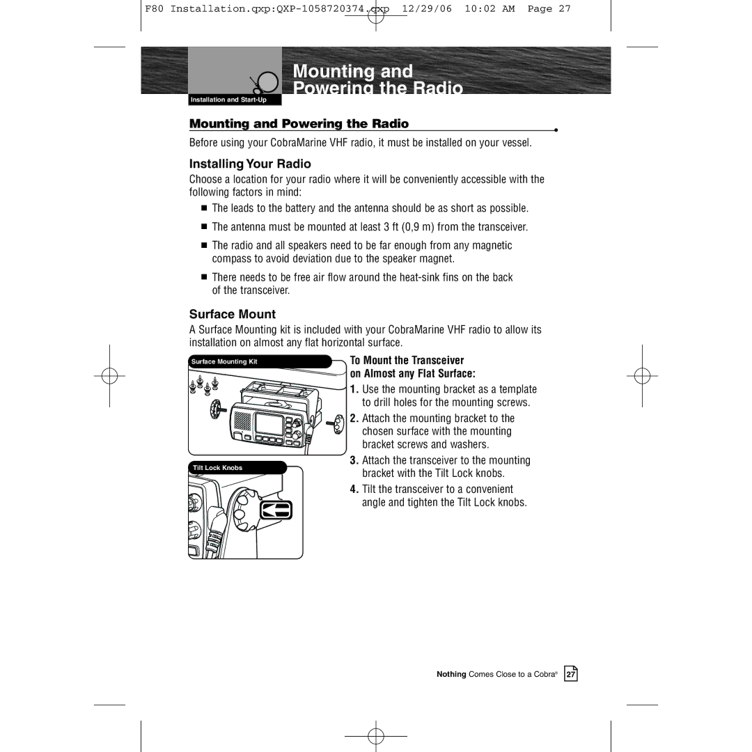 Cobra Electronics Mrf 80b owner manual Mounting and Powering the Radio, Installing Your Radio, Surface Mount 