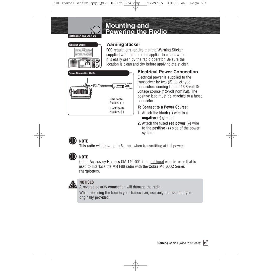 Cobra Electronics Mrf 80b owner manual Electrical Power Connection, To Connect to a Power Source 