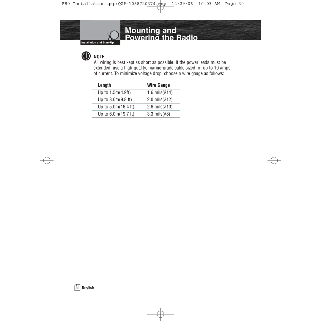 Cobra Electronics Mrf 80b owner manual Length Wire Gauge 