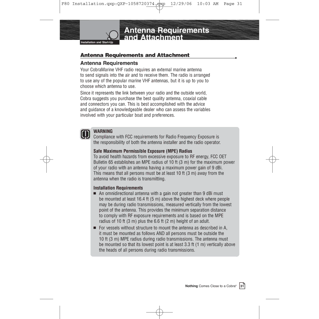 Cobra Electronics Mrf 80b owner manual Antenna Requirements and Attachment, Safe Maximum Permissible Exposure MPE Radius 