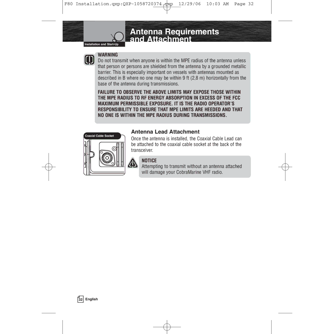 Cobra Electronics Mrf 80b owner manual Antenna Lead Attachment 