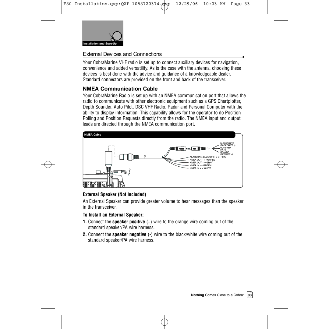 Cobra Electronics Mrf 80b External Devices and Connections, Nmea Communication Cable, External Speaker Not Included 
