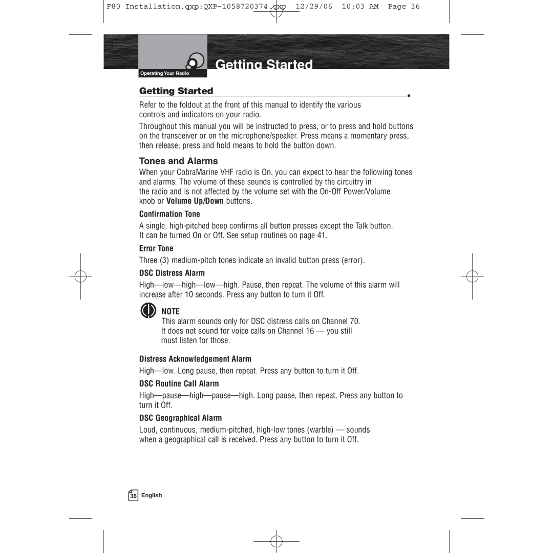 Cobra Electronics Mrf 80b owner manual Getting Started, Tones and Alarms 