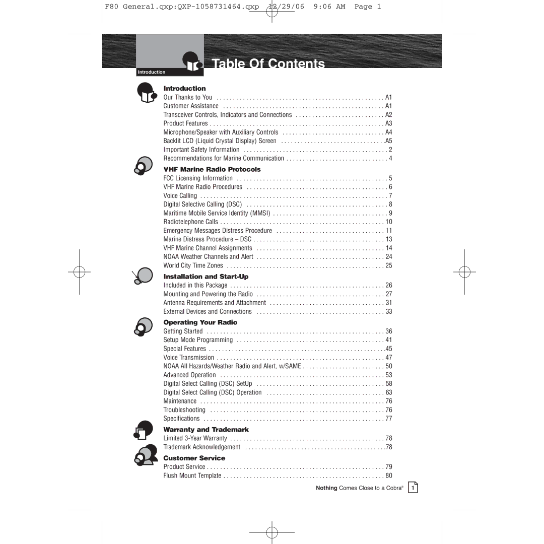 Cobra Electronics Mrf 80b owner manual Table Of Contents 