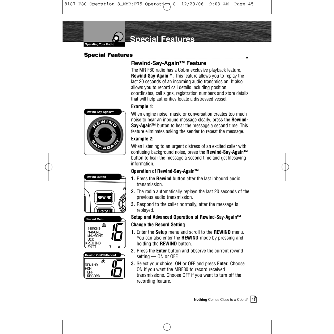 Cobra Electronics Mrf 80b Special Features Rewind-Say-Again Feature, Example, Operation of Rewind-Say-Again 