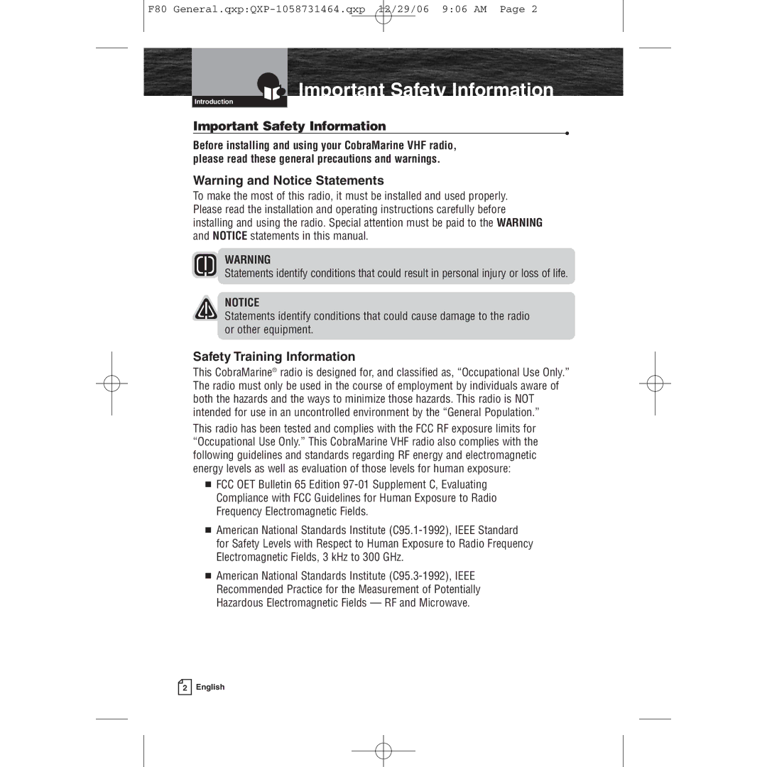 Cobra Electronics Mrf 80b owner manual Important Safety Information, Safety Training Information 