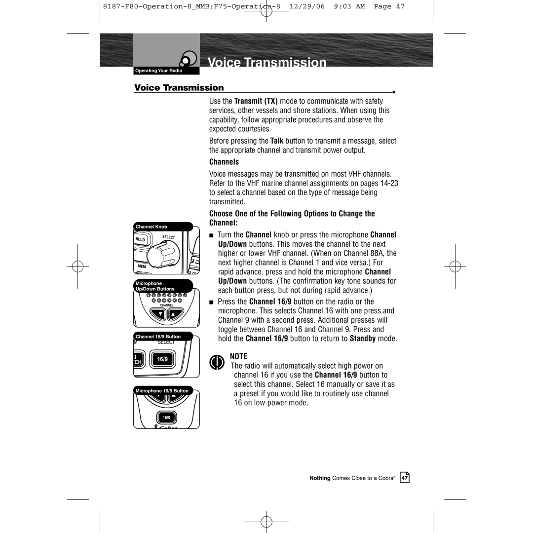 Cobra Electronics Mrf 80b owner manual VoiceProductTransmissionFeatures, Voice Transmission, Channels 