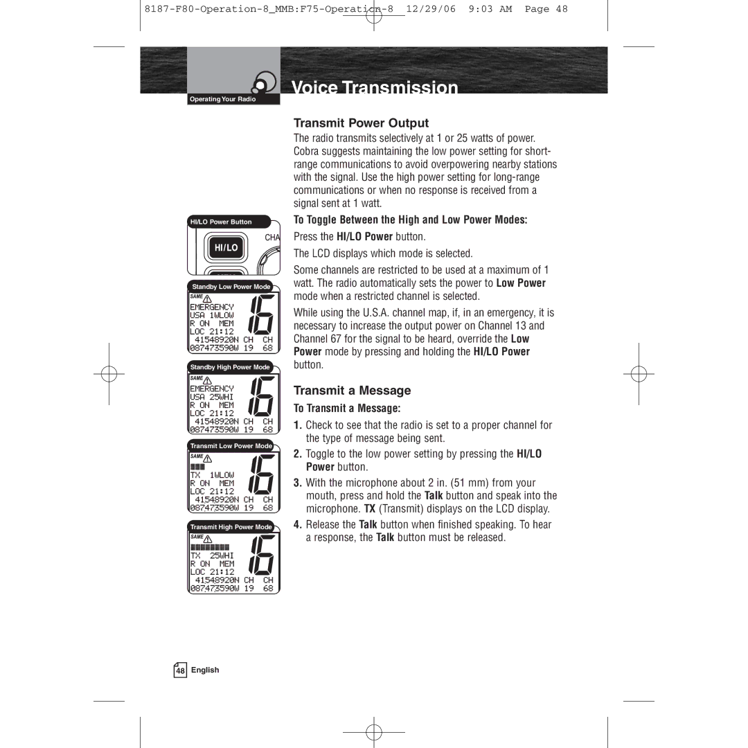 Cobra Electronics Mrf 80b owner manual Voice Transmission, Transmit Power Output, To Transmit a Message 