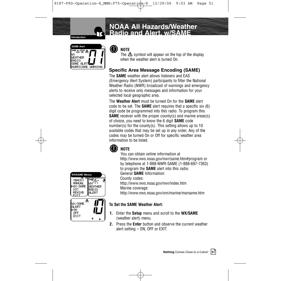 Cobra Electronics Mrf 80b owner manual Specific Area Message Encoding Same, To Set the Same Weather Alert 