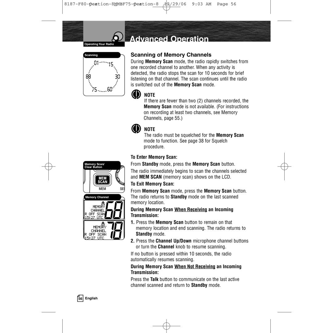 Cobra Electronics Mrf 80b owner manual Scanning of Memory Channels, To Enter Memory Scan 