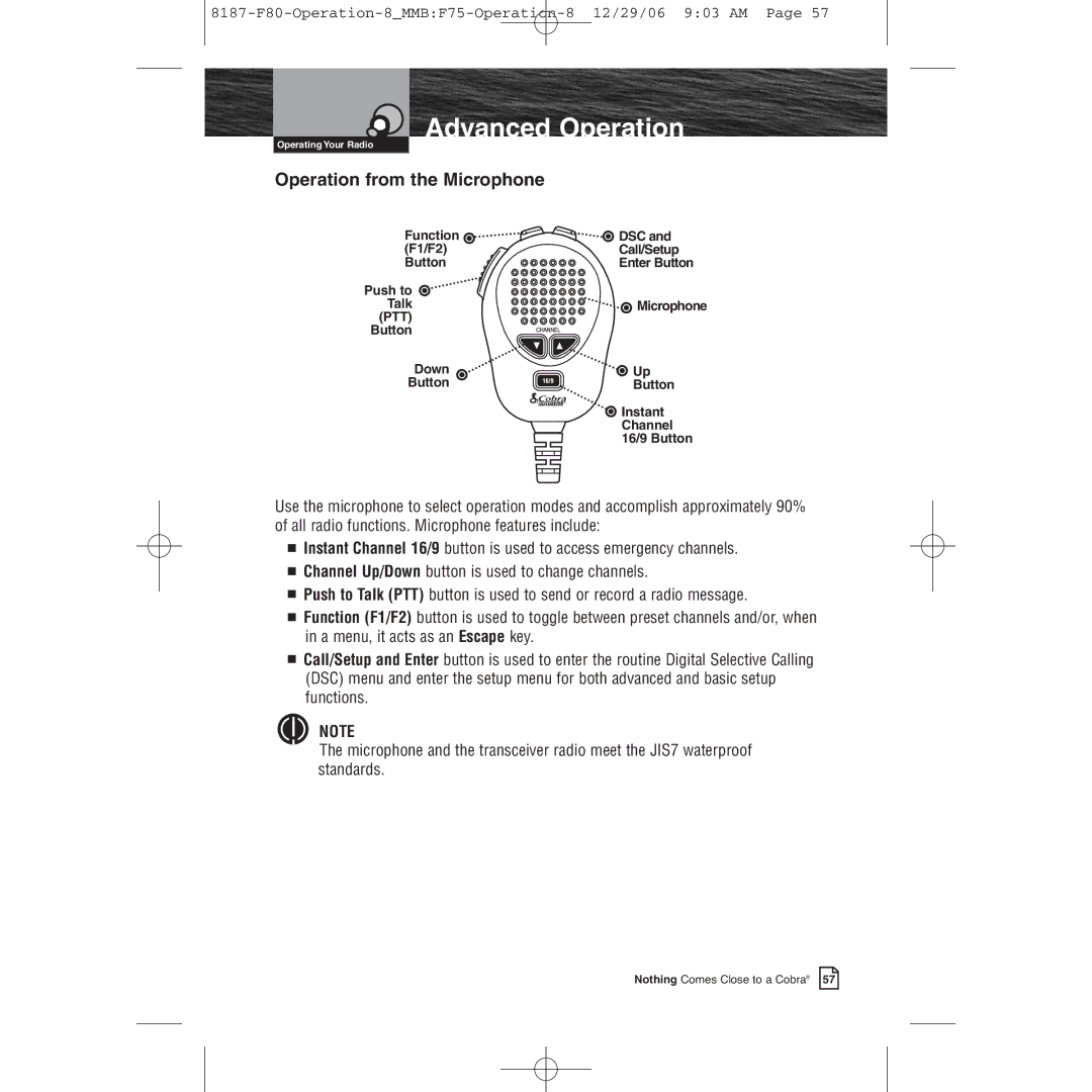 Cobra Electronics Mrf 80b owner manual Operation from the Microphone 