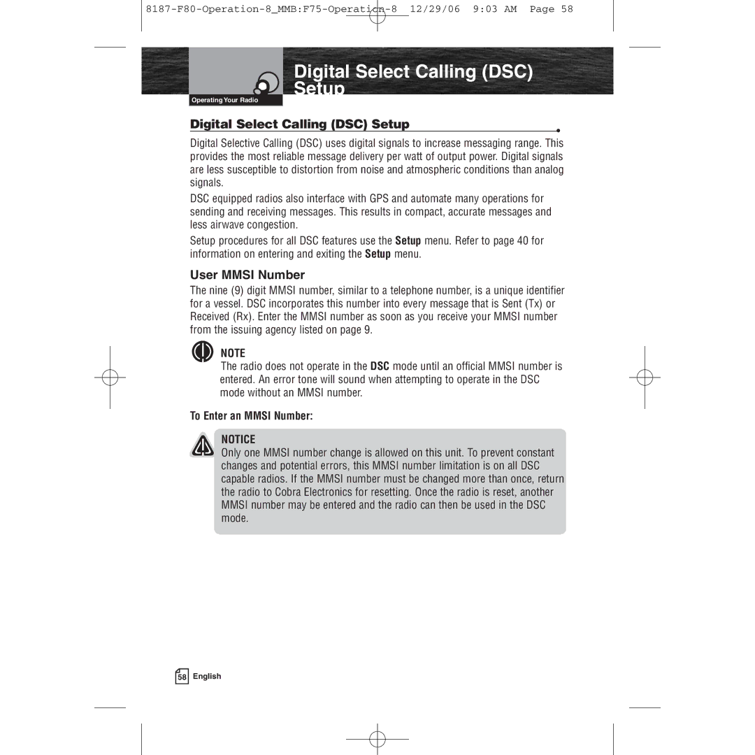 Cobra Electronics Mrf 80b owner manual Digital Select Calling DSC ProductSetup Features, Digital Select Calling DSC Setup 