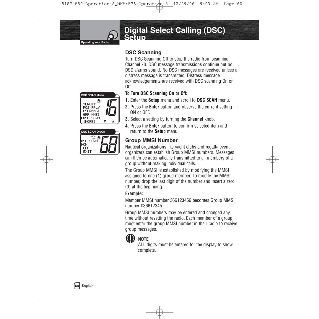 Cobra Electronics Mrf 80b owner manual Group Mmsi Number, To Turn DSC Scanning On or Off, At the beginning 