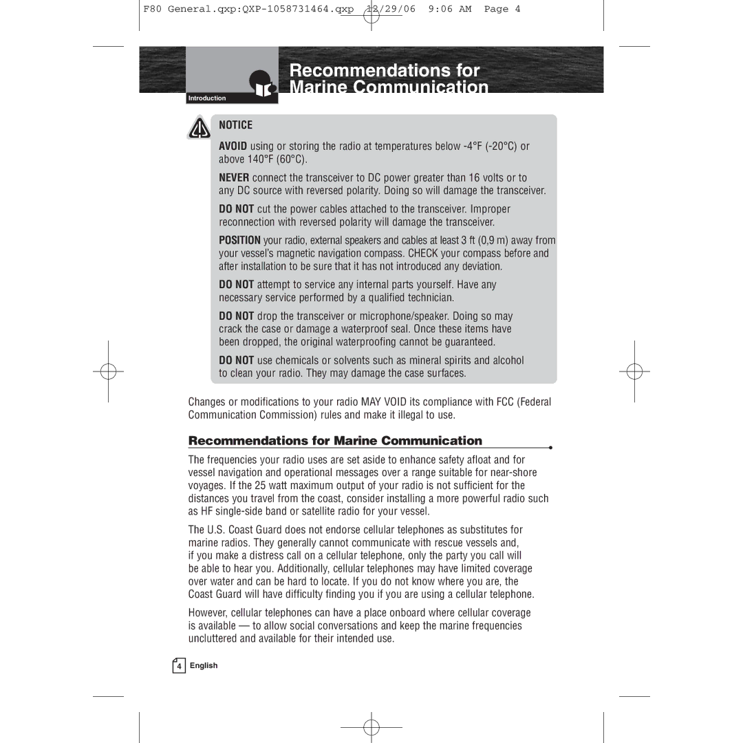 Cobra Electronics Mrf 80b owner manual Recommendations for Marine Communication 