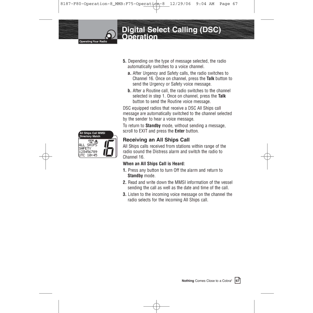 Cobra Electronics Mrf 80b owner manual Receiving an All Ships Call, When an All Ships Call is Heard 