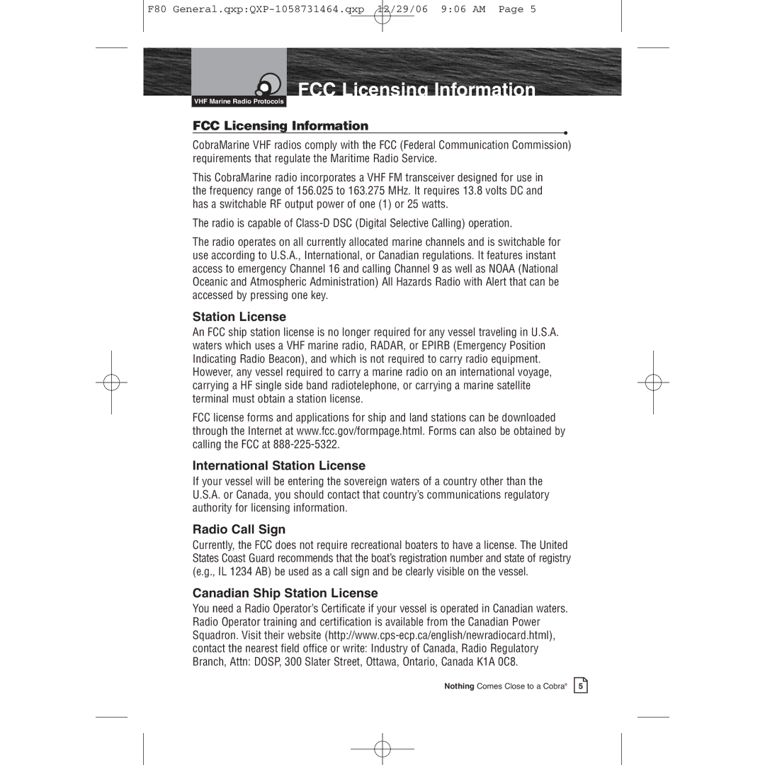 Cobra Electronics Mrf 80b owner manual FCC Licensing Information 