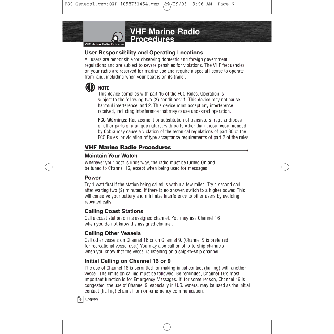 Cobra Electronics Mrf 80b owner manual VHF Marine Radio Procedures 