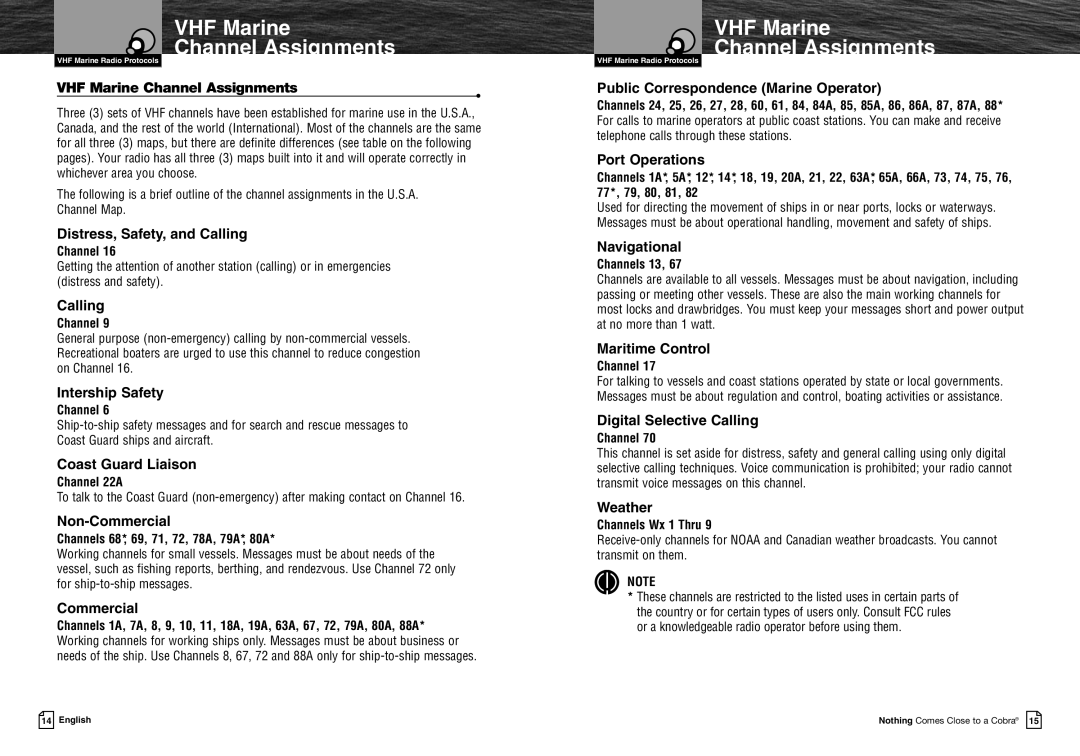 Cobra Electronics MRF45 owner manual VHF Marine Channel Assignments 