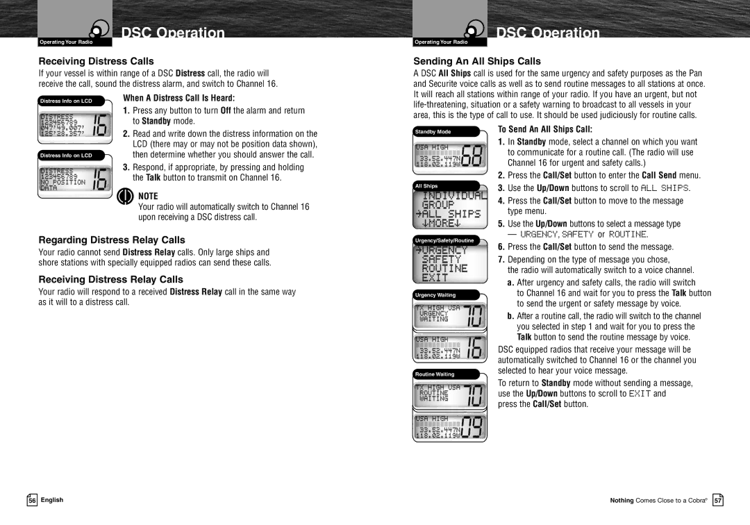 Cobra Electronics MRF45 owner manual Receiving Distress Calls, Sending An All Ships Calls, Regarding Distress Relay Calls 