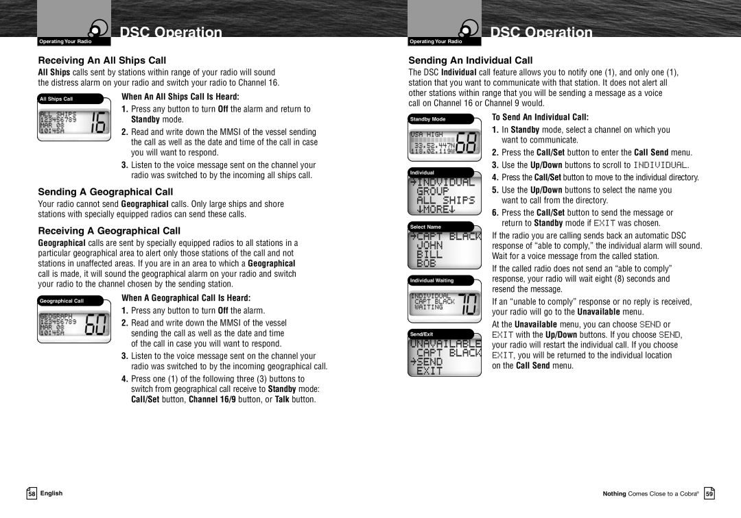 Cobra Electronics MRF45 owner manual Receiving An All Ships Call, Sending An Individual Call, Sending a Geographical Call 