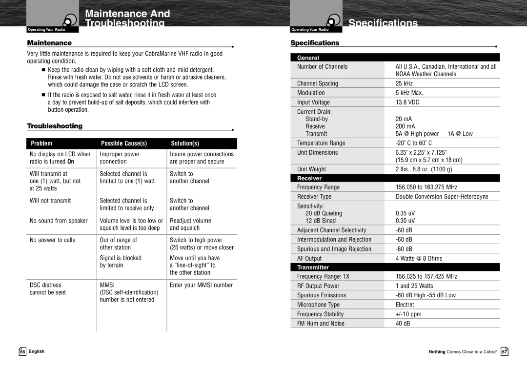 Cobra Electronics MRF45 owner manual Maintenance Troubleshooting, Specifications 