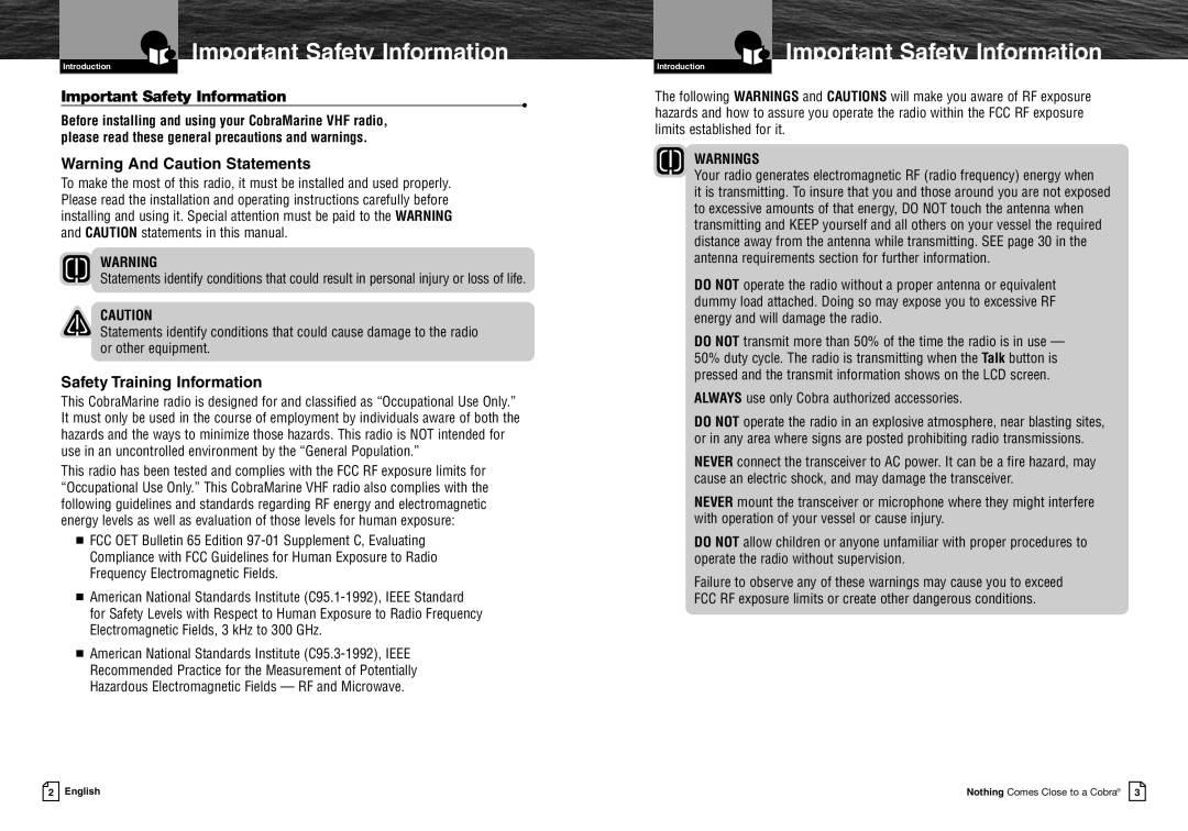 Cobra Electronics MRF45 owner manual Important Safety Information, Safety Training Information 