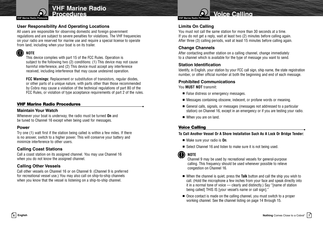 Cobra Electronics MRF45 owner manual Voice Calling, VHF Marine Radio Procedures Maintain Your Watch 