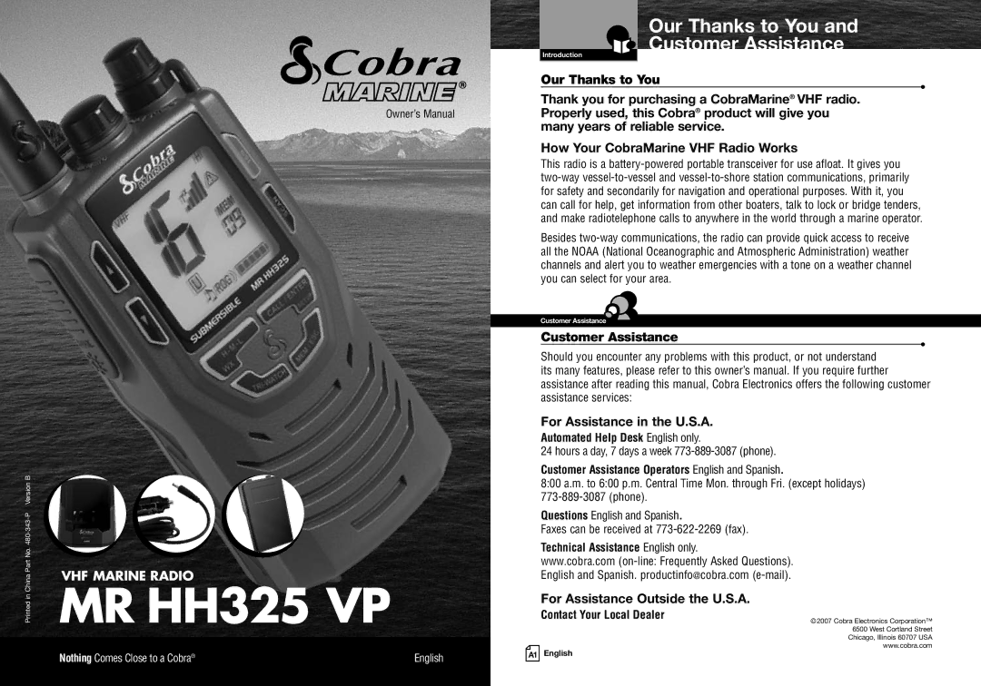 Cobra Electronics MRHH325VP owner manual Our Thanks to You Customer Assistance, For Assistance Outside the U.S.A 