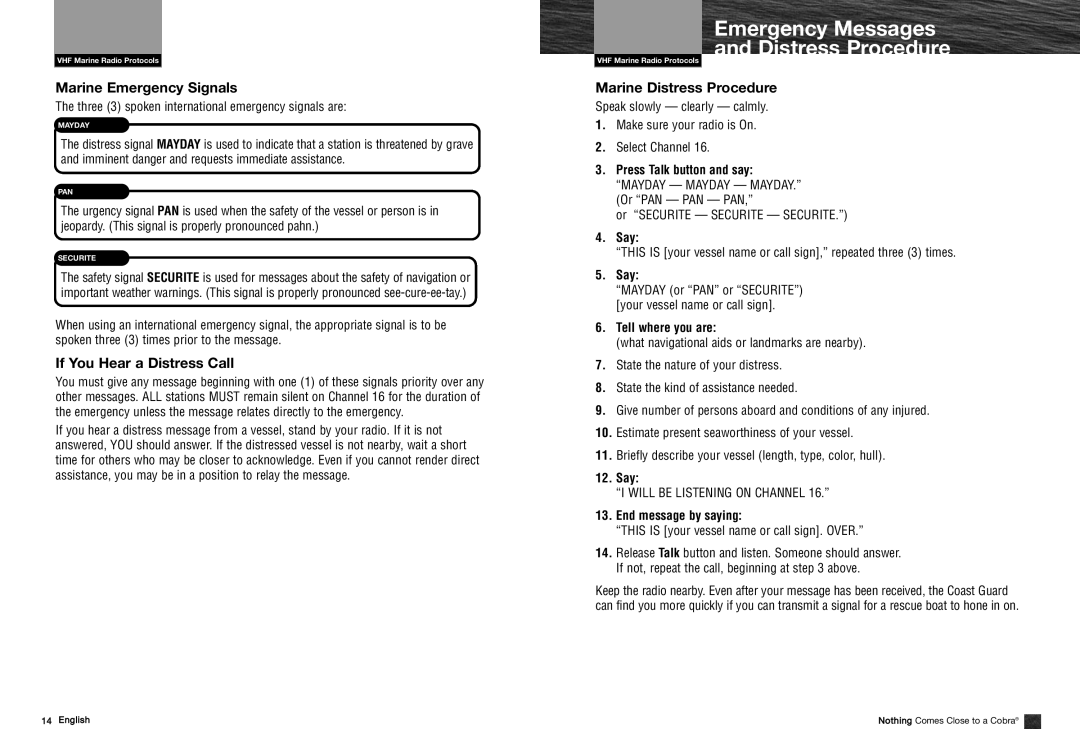 Cobra Electronics MRHH325VP owner manual Marine Emergency Signals, If You Hear a Distress Call, Marine Distress Procedure 