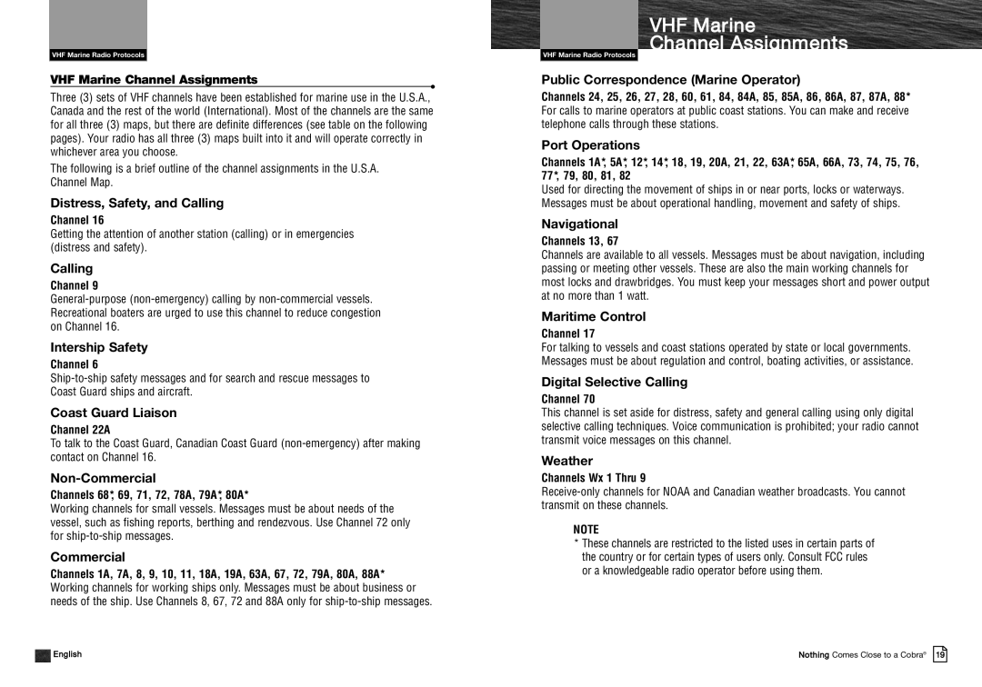 Cobra Electronics MRHH325VP owner manual VHF Marine Channel Assignments 