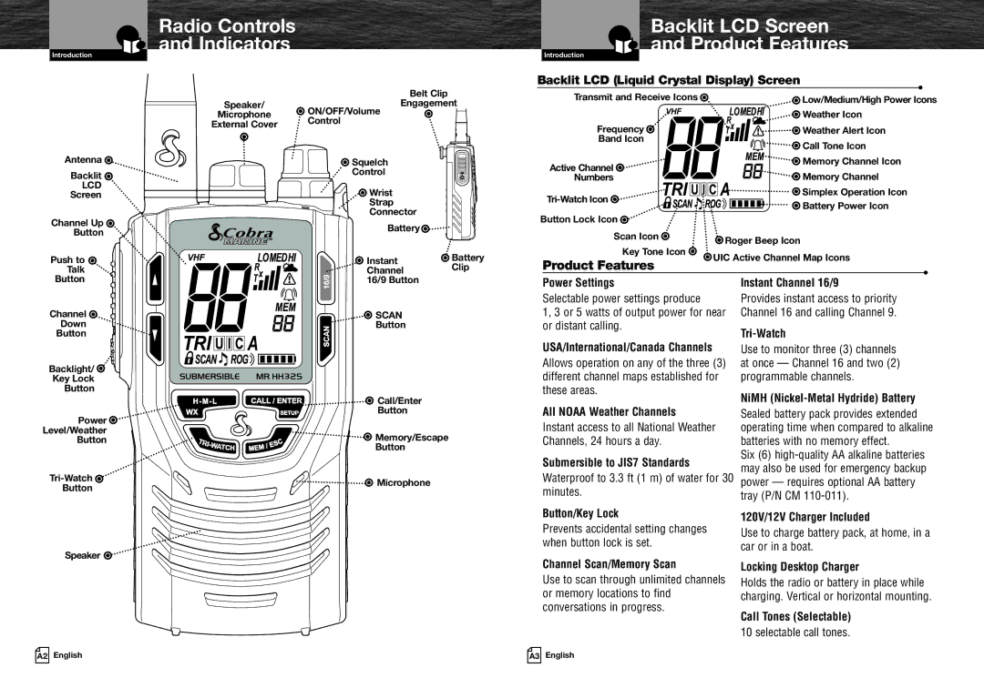 Cobra Electronics MRHH325VP owner manual Radio Controls Indicators, Backlit LCD Screen Product Features 