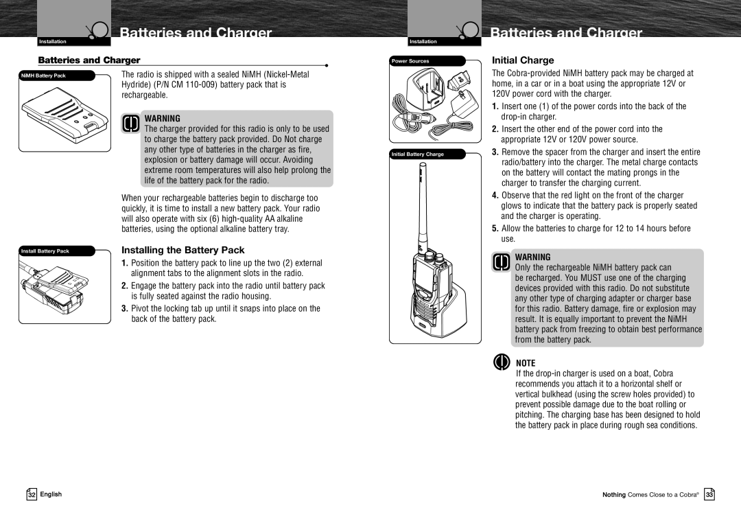 Cobra Electronics MRHH325VP owner manual Batteries and Charger, Initial Charge 