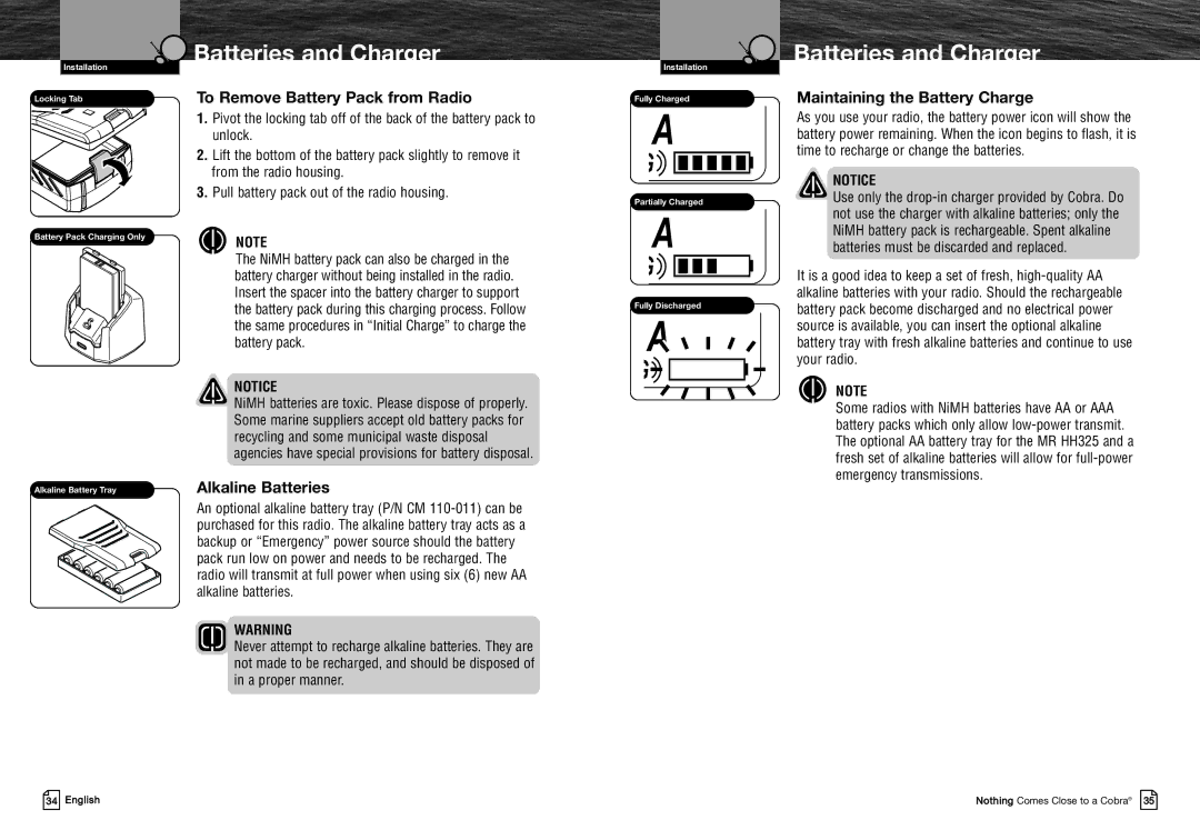 Cobra Electronics MRHH325VP owner manual Maintaining the Battery Charge, Alkaline Batteries 