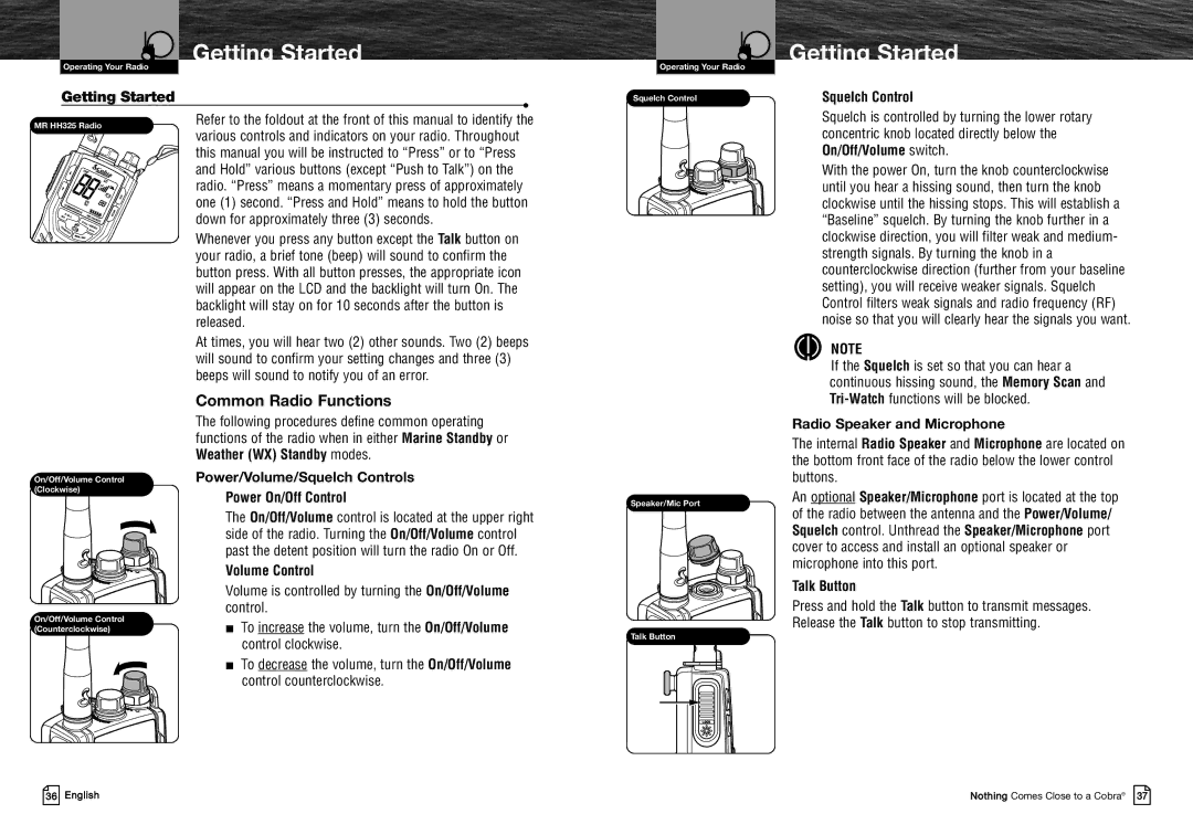Cobra Electronics MRHH325VP Getting Started, Common Radio Functions, Power/Volume/Squelch Controls Power On/Off Control 