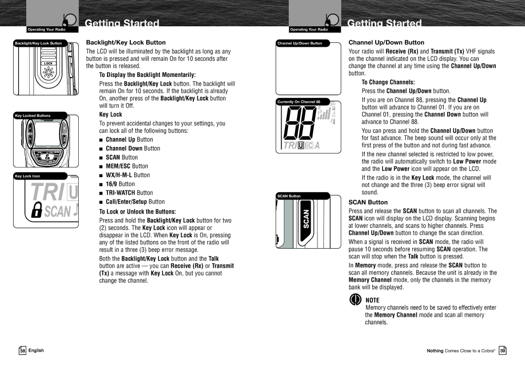 Cobra Electronics MRHH325VP owner manual Backlight/Key Lock Button, Scan Button 