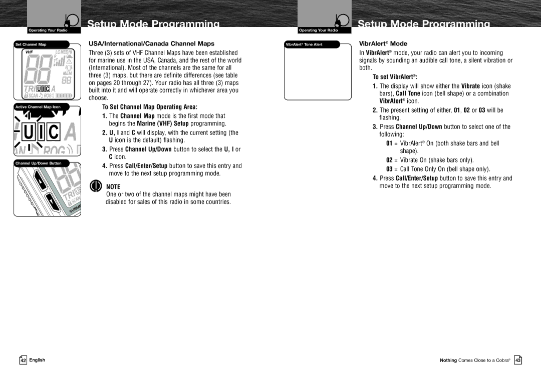 Cobra Electronics MRHH325VP USA/International/Canada Channel Maps, To Set Channel Map Operating Area, VibrAlert Mode 