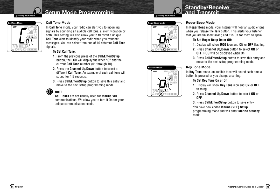 Cobra Electronics MRHH325VP owner manual Standby/Receive Transmit, Call Tone Mode, Roger Beep Mode, Key Tone Mode 
